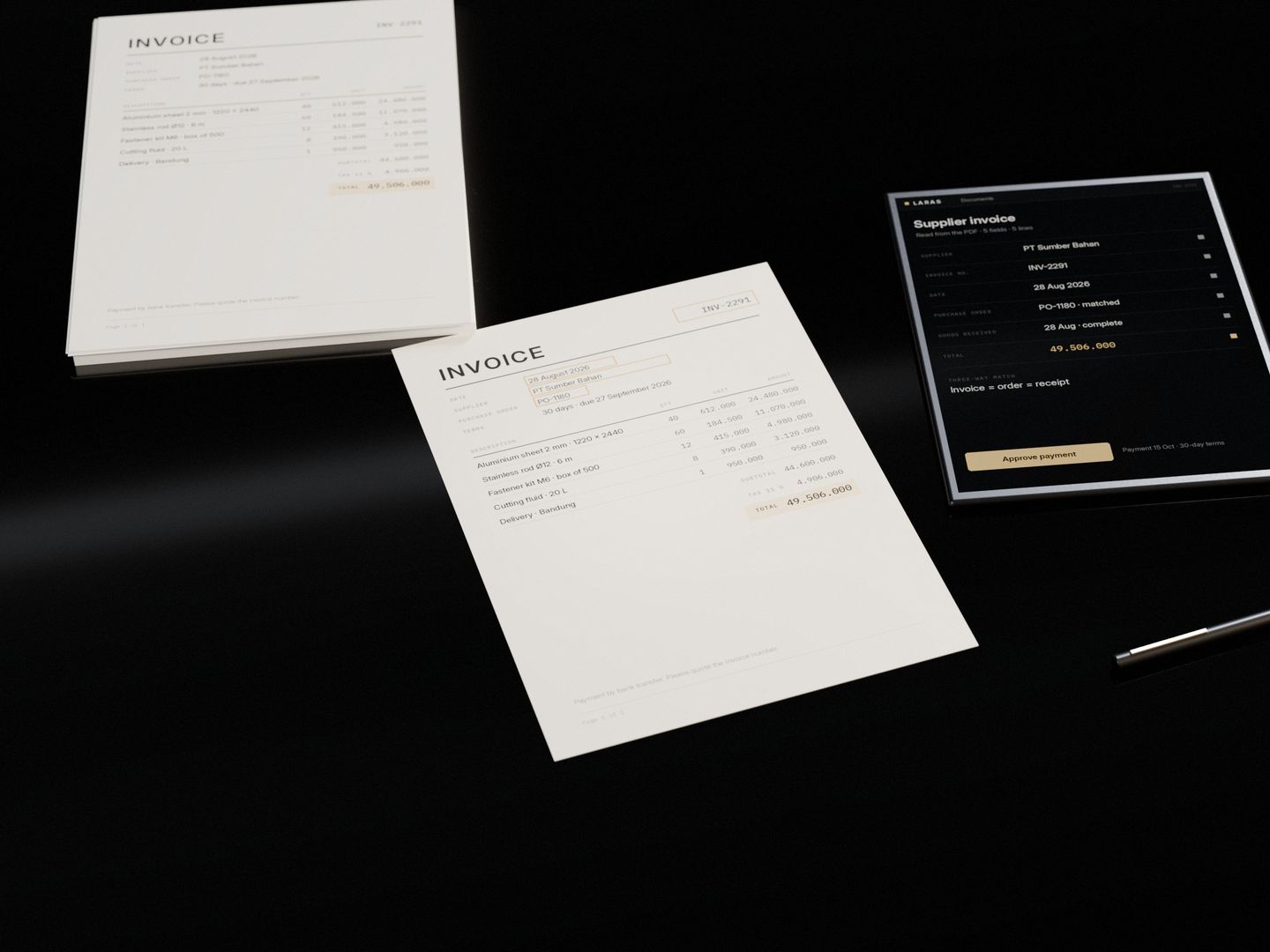 A supplier invoice with the fields a system reads framed on it, and a tablet beside it showing the same facts as structured rows
