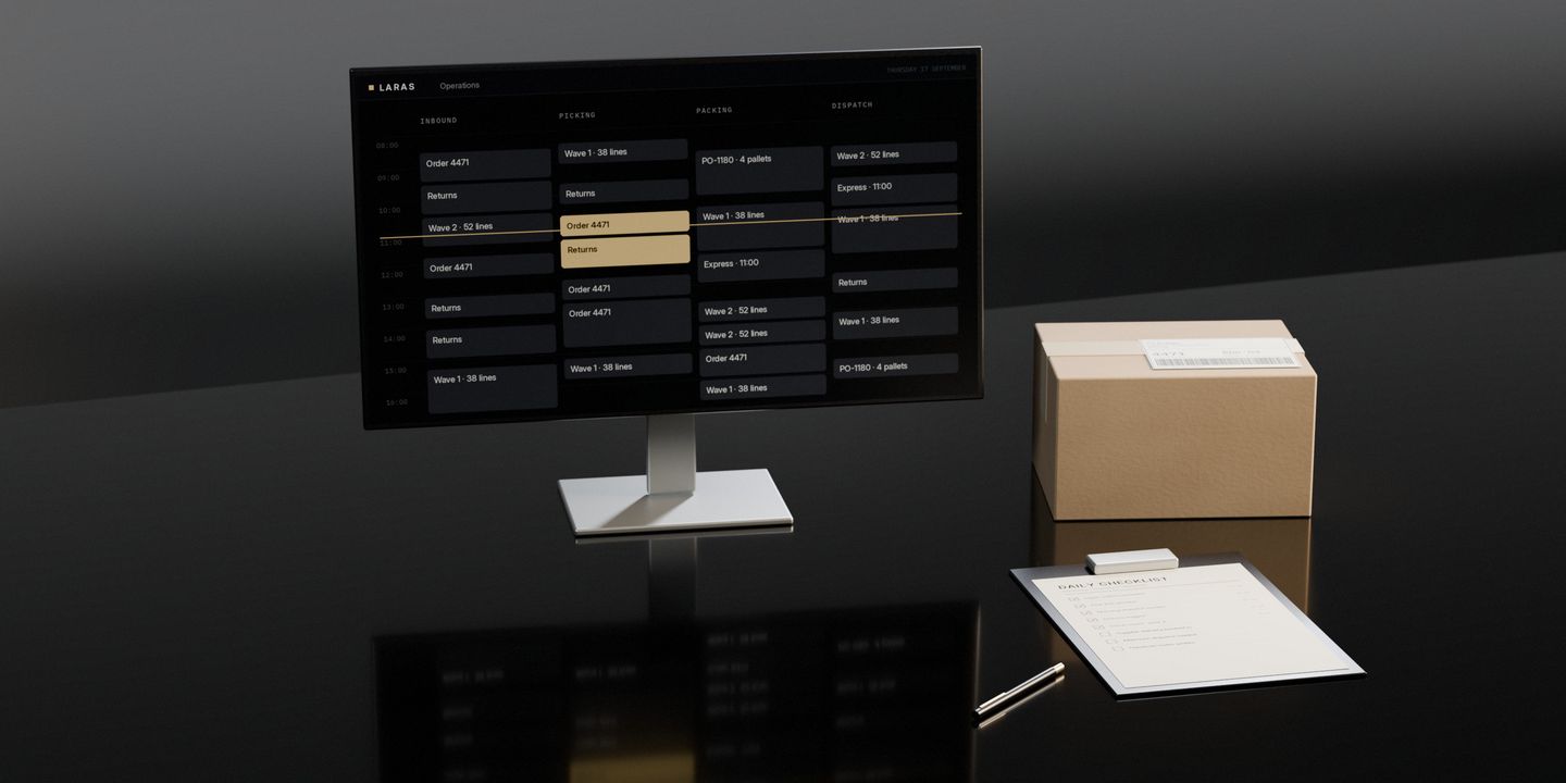 A clipboard with the day’s checklist half ticked, a labelled parcel, and a screen showing the whole floor’s schedule, on a dark stone desk