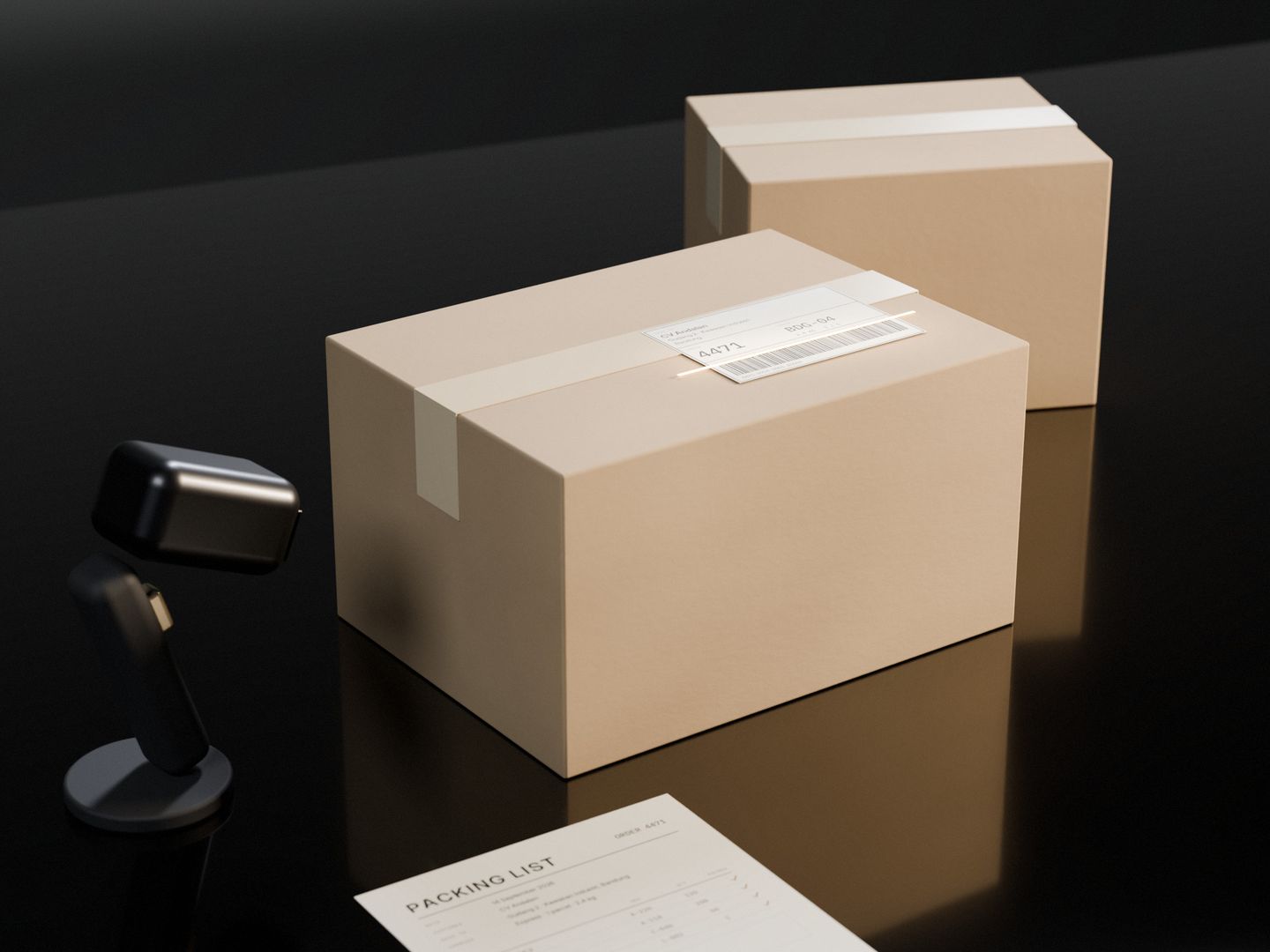 A cardboard parcel on a dark stone desk, a scanner’s beam across the barcode of its shipping label, the packing list beside it