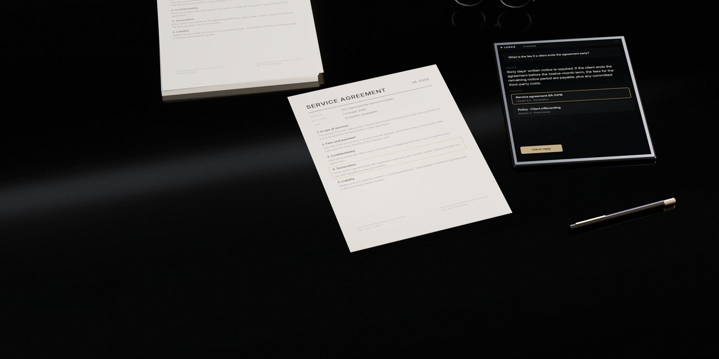 A service agreement open on a dark stone desk with one clause marked, the file it came from, a pen and a pair of glasses, and a tablet showing the answer with its source